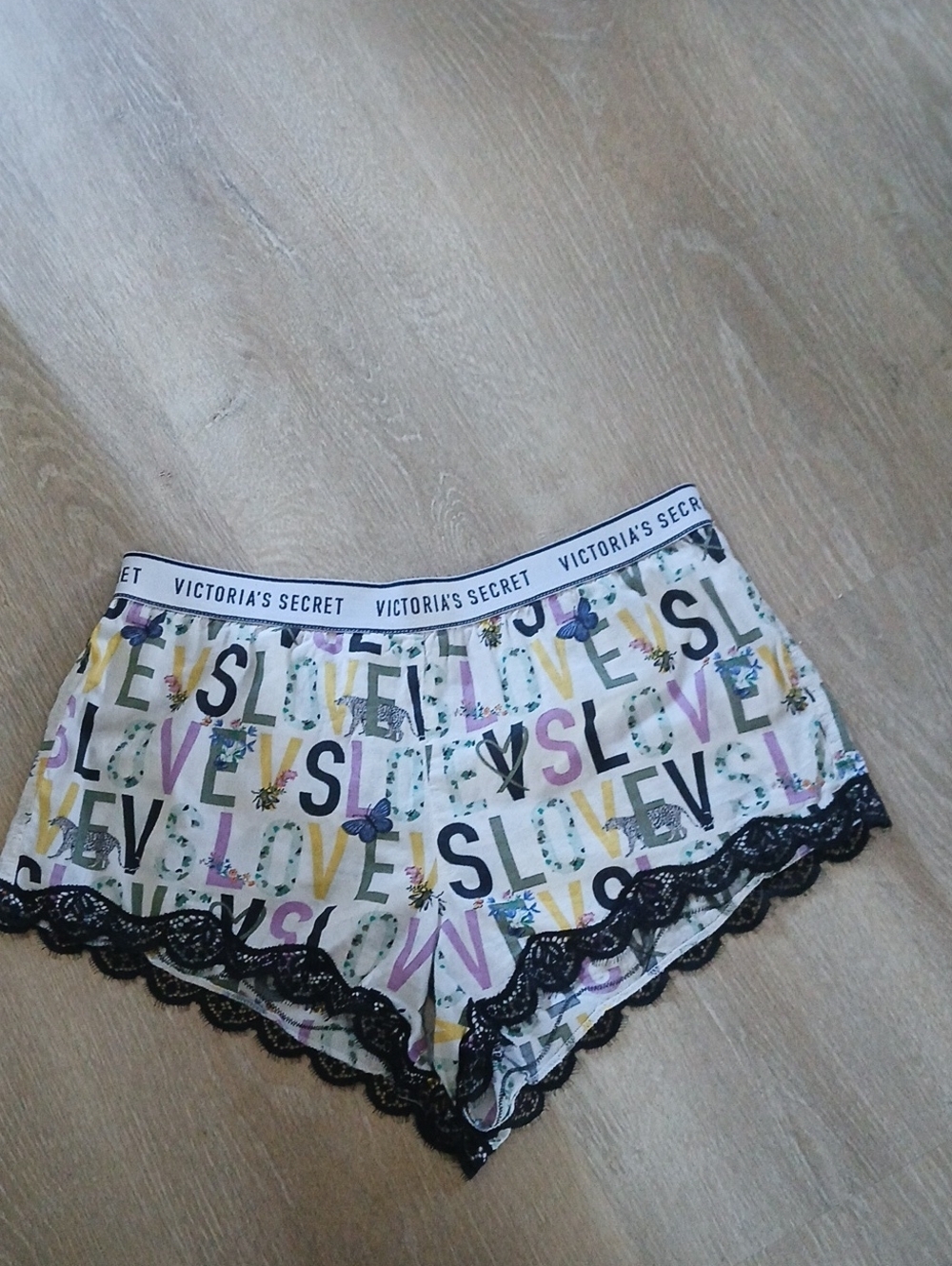 Victoria's Secret Shorts White 'LOVE' Multicolor Print Lace-Trim Sleep Pajamas